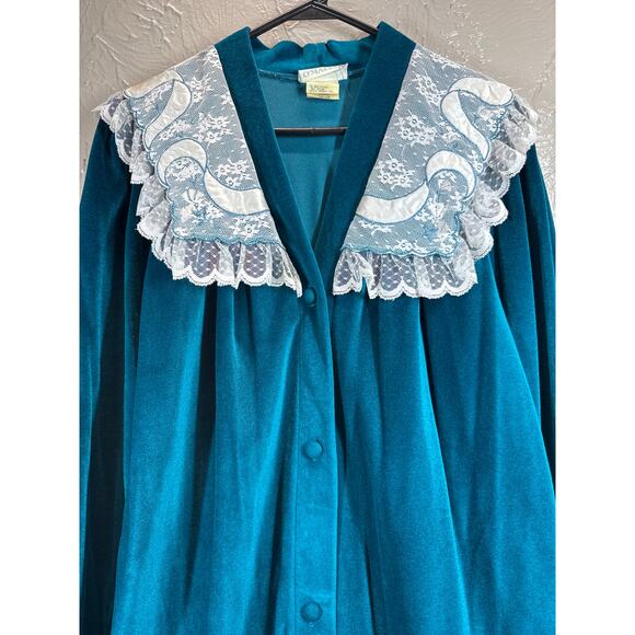 Gilligan & O'Malley Vintage Robe 80's Velour Lace Trim Button Green Size 16-18 - Picture 2 of 4